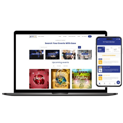 Frontline Ticketing event management platform showing multi-currency ticket sales and QR-based entry system