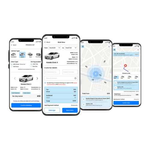 ICE Innovations ride-hailing mobile app interface with AI driver verification and GPS tracking