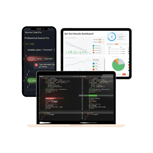 QA testing dashboard showing automated test suites, performance benchmarks, and CI integration results